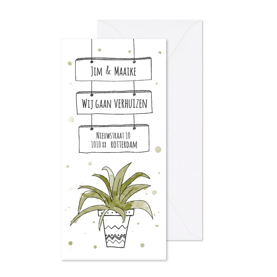 Verhuiskaart voor nieuw adres met hippe kamerplant - Kaartimpressie