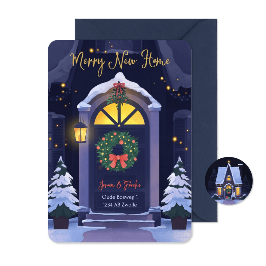 Verhuiskaart voordeur kersthuis krans maretak kerstkaart - Kaartimpressie