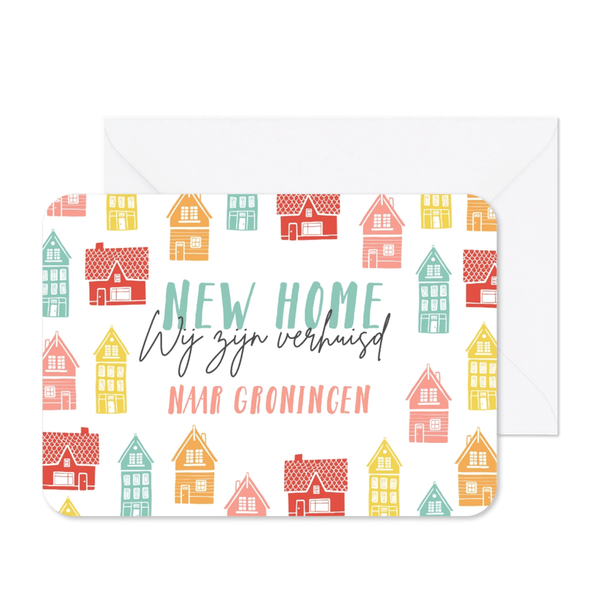 Verhuiskaart vrolijk kleurrijk huisjes new home  - Kaartimpressie