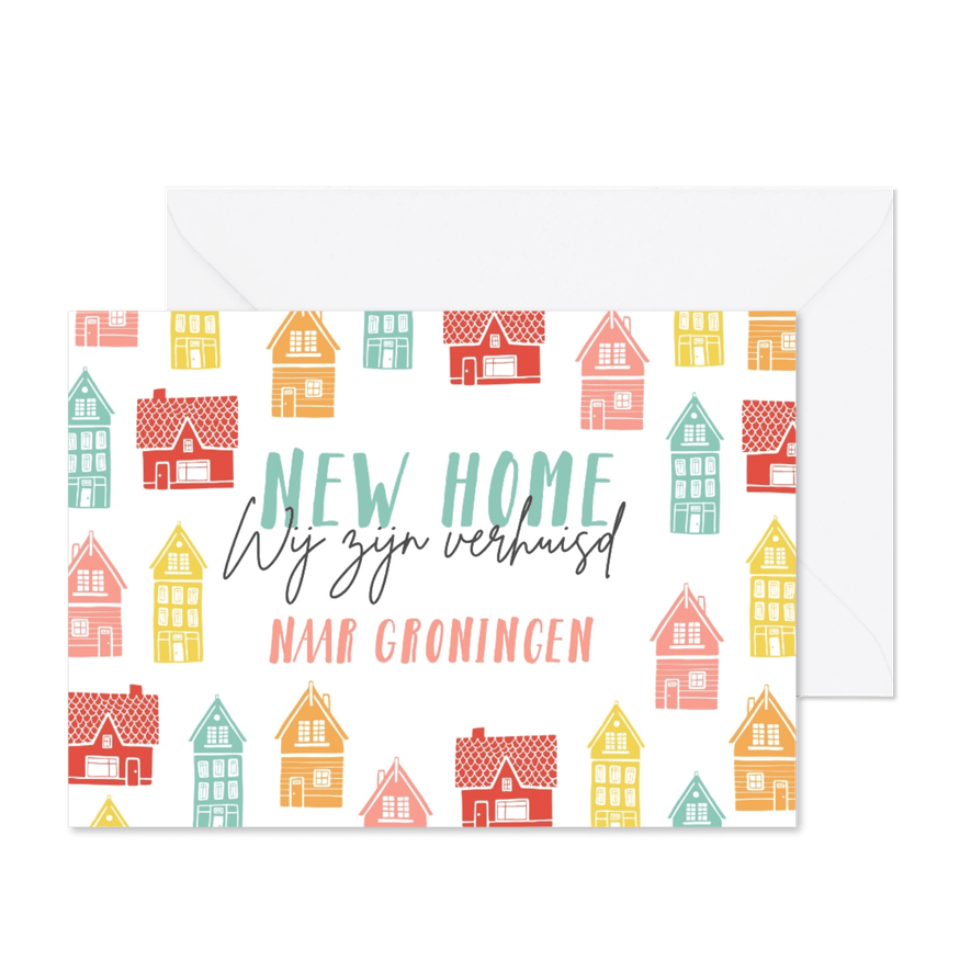 Verhuiskaart vrolijk kleurrijk huisjes new home - Kaartimpressie