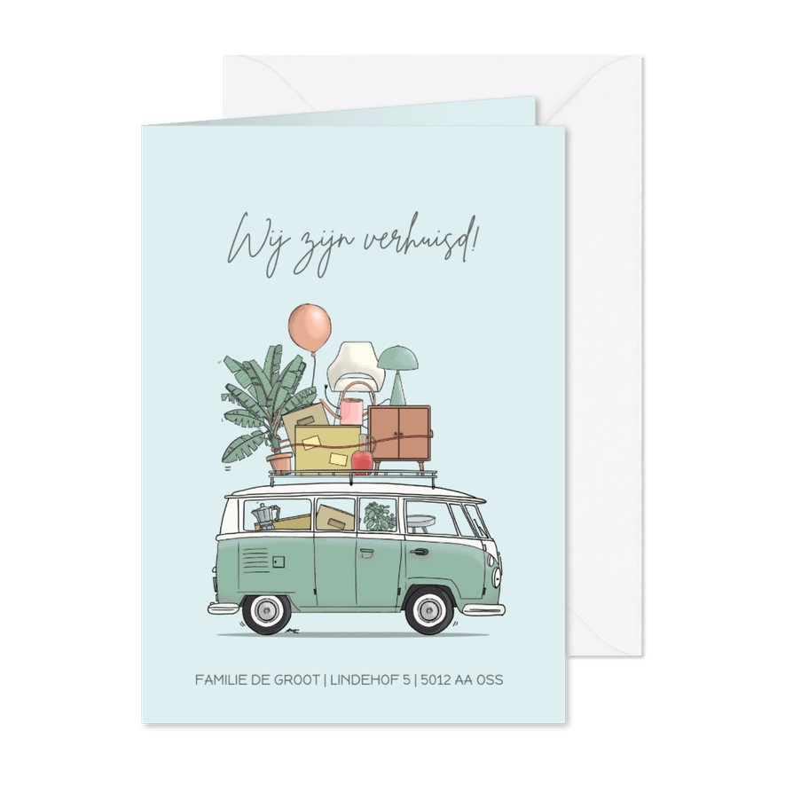 Verhuiskaart VW busje met verhuisspullen - Kaartimpressie