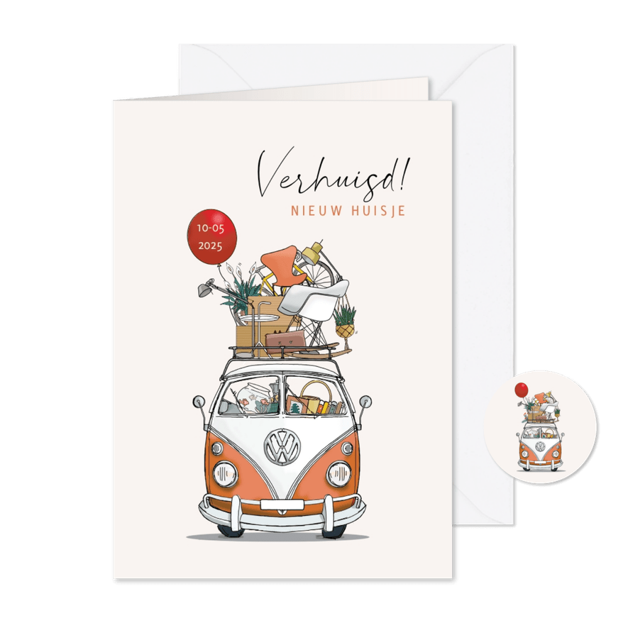Verhuiskaart VW busje oranje met rode ballon - Kaartimpressie