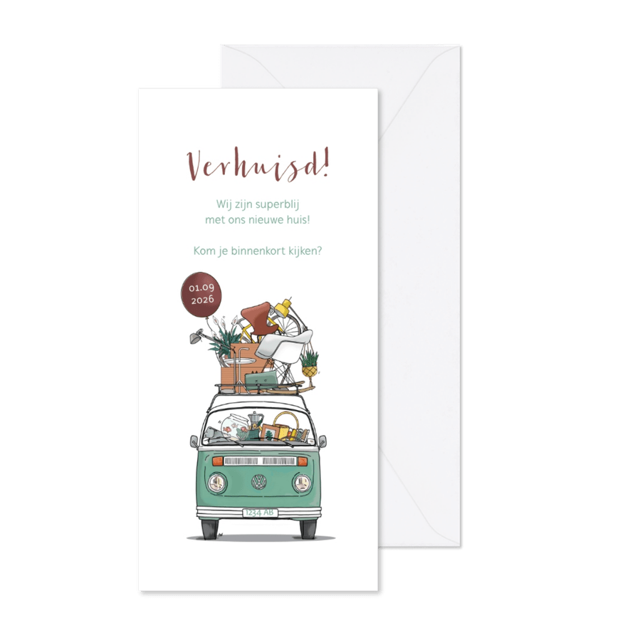 Verhuiskaart VW busje voorkant lang - Kaartimpressie