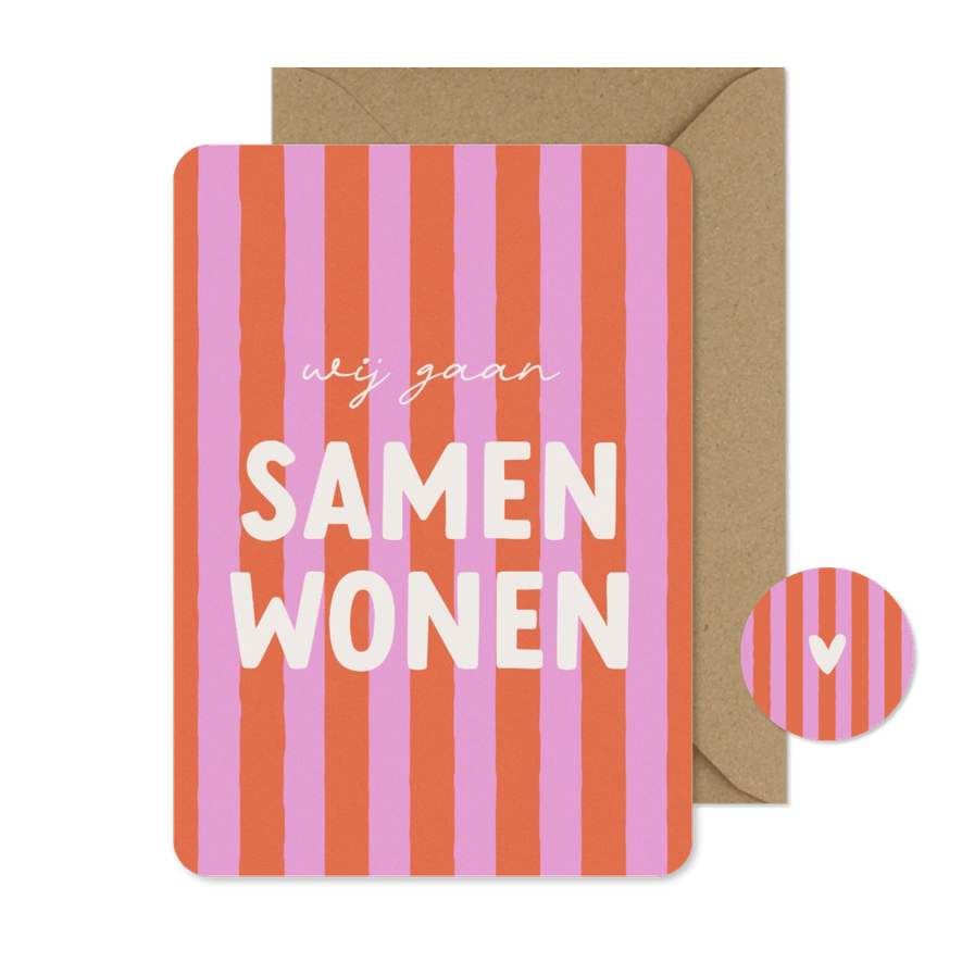 Verhuiskaart wij gaan samenwonen roze oranje gestreept - Kaartimpressie