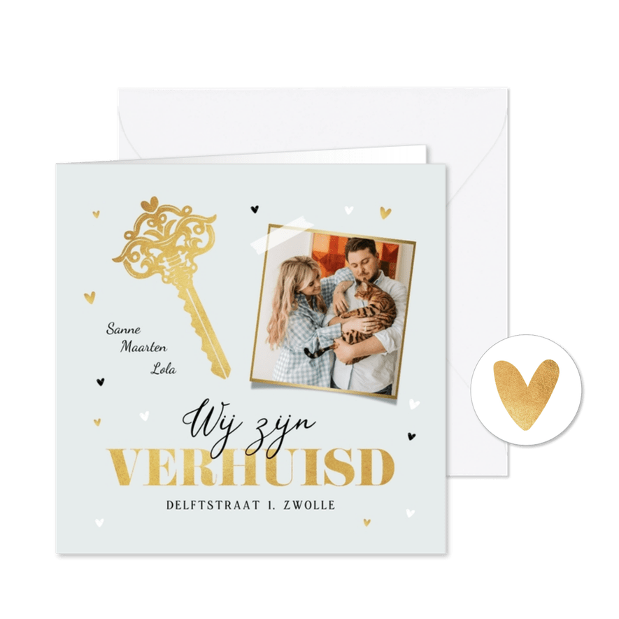 Verhuiskaart wij gaan samenwonen sleutel foto hartjes goud - Kaartimpressie