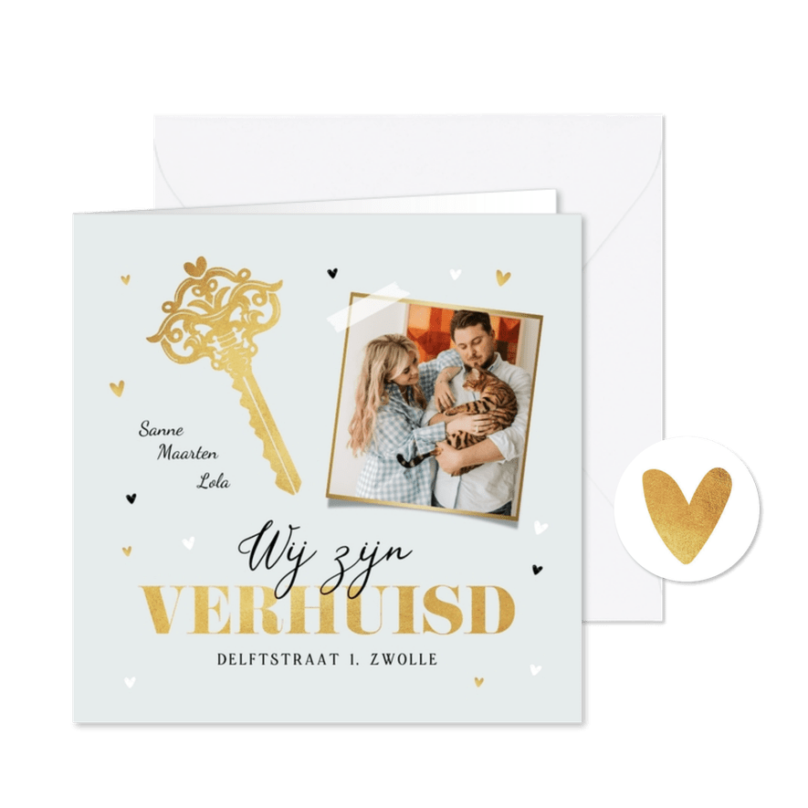 Verhuiskaart wij gaan samenwonen sleutel foto hartjes goud - Kaartimpressie