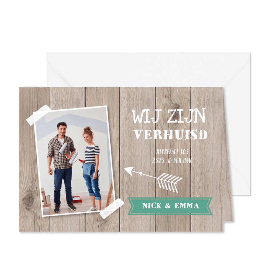 Verhuiskaart "wij zijn verhuisd" foto & houtlook - Kaartimpressie