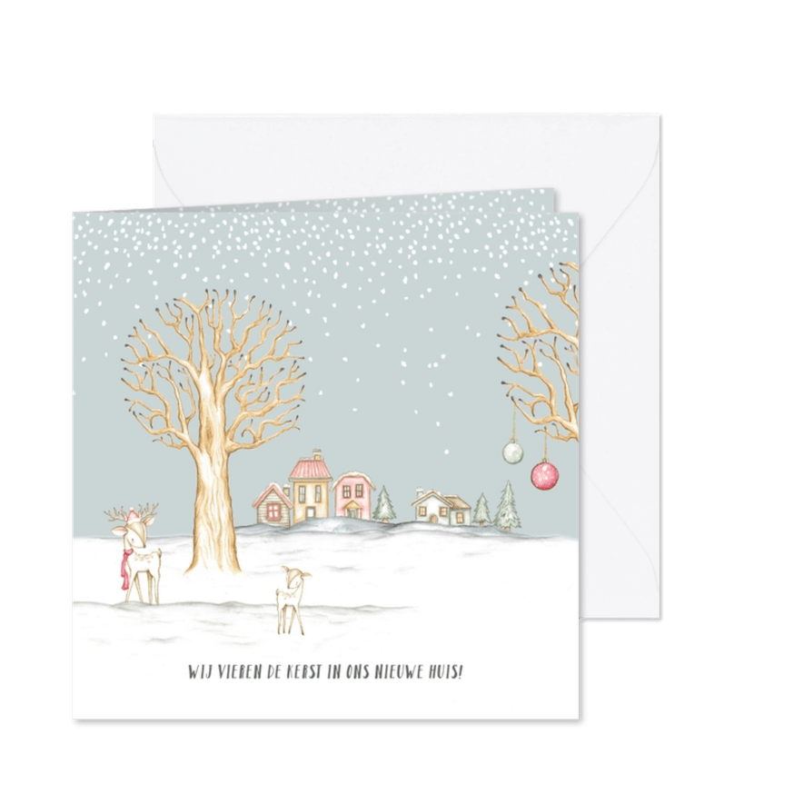 Verhuiskaart winterlandschap met huisjes en hertjes - Kaartimpressie
