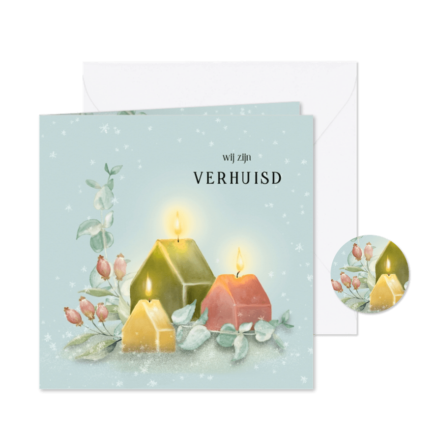 Verhuiskaart winters met huisjeskaarsen - Kaartimpressie