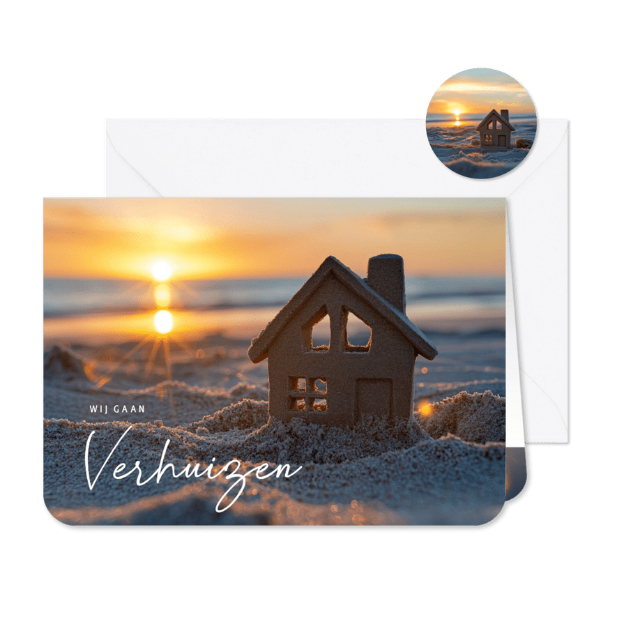 Verhuiskaart zandhuisje op het strand - Kaartimpressie