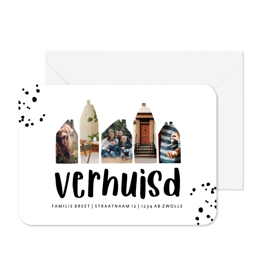 Verhuiskaartje 5 fotohuisjes en spetters - Kaartimpressie