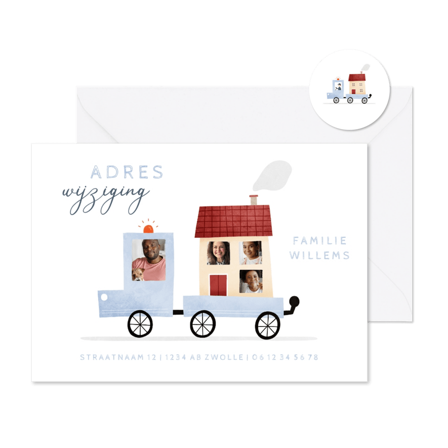 Verhuiskaartje adreswijziging busje met foto's en huisje - Kaartimpressie