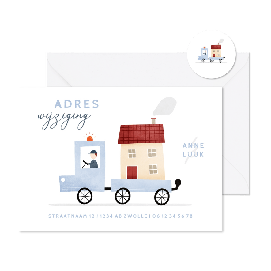 Verhuiskaartje adreswijziging busje met huis - Kaartimpressie