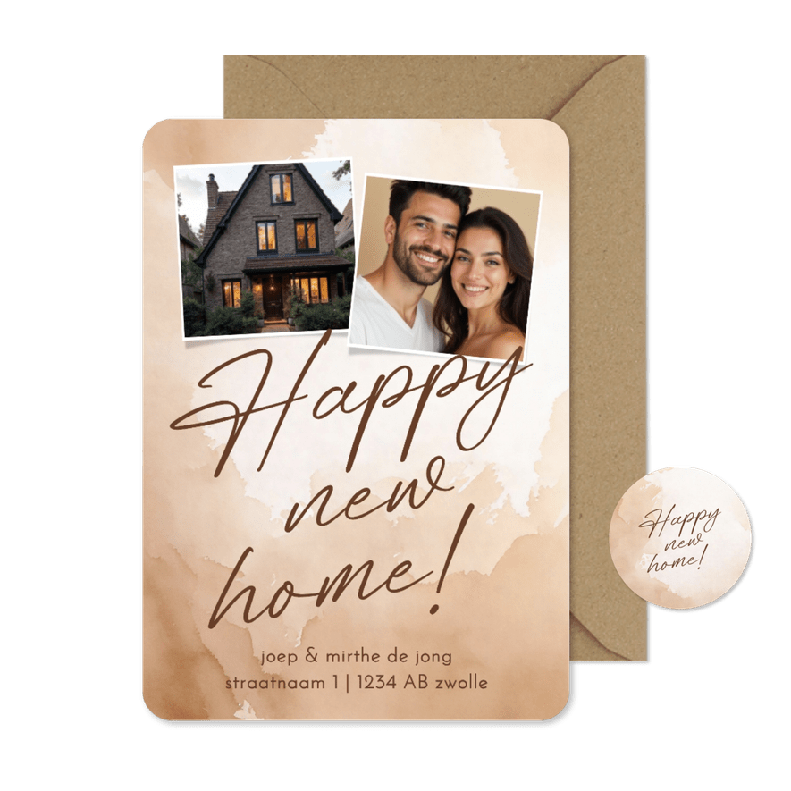 Verhuiskaartje beige waterverf twee foto's happy new home - Kaartimpressie