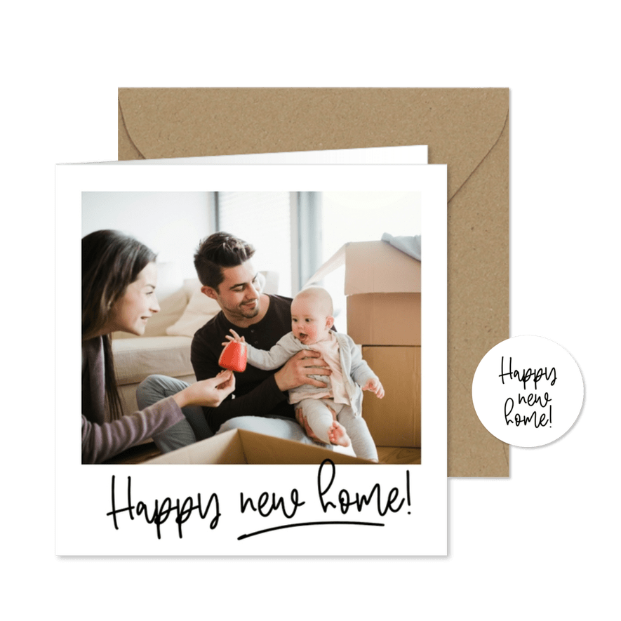 Verhuiskaartje grote foto kader happy new home geschreven - Kaartimpressie