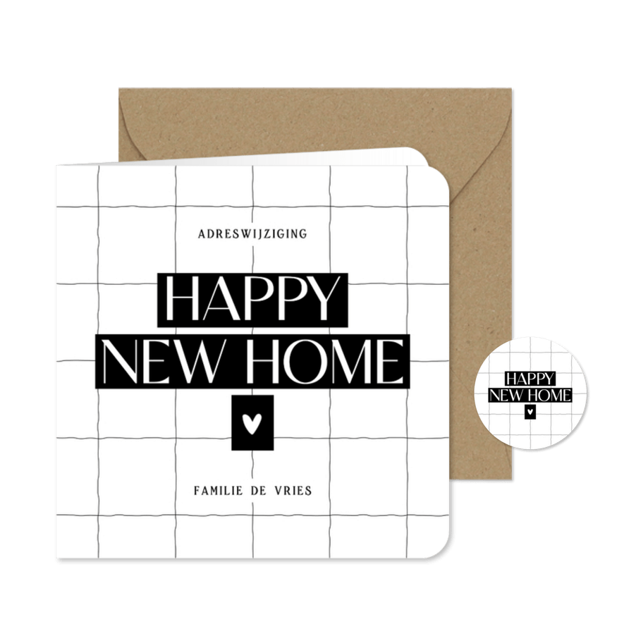 Verhuiskaartje happy new home wit met zwart en hartje - Kaartimpressie