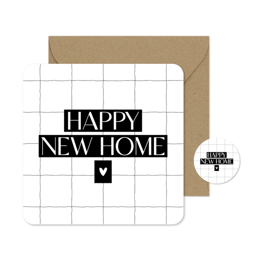 Verhuiskaartje happy new home wit met zwart en hartje - Kaartimpressie