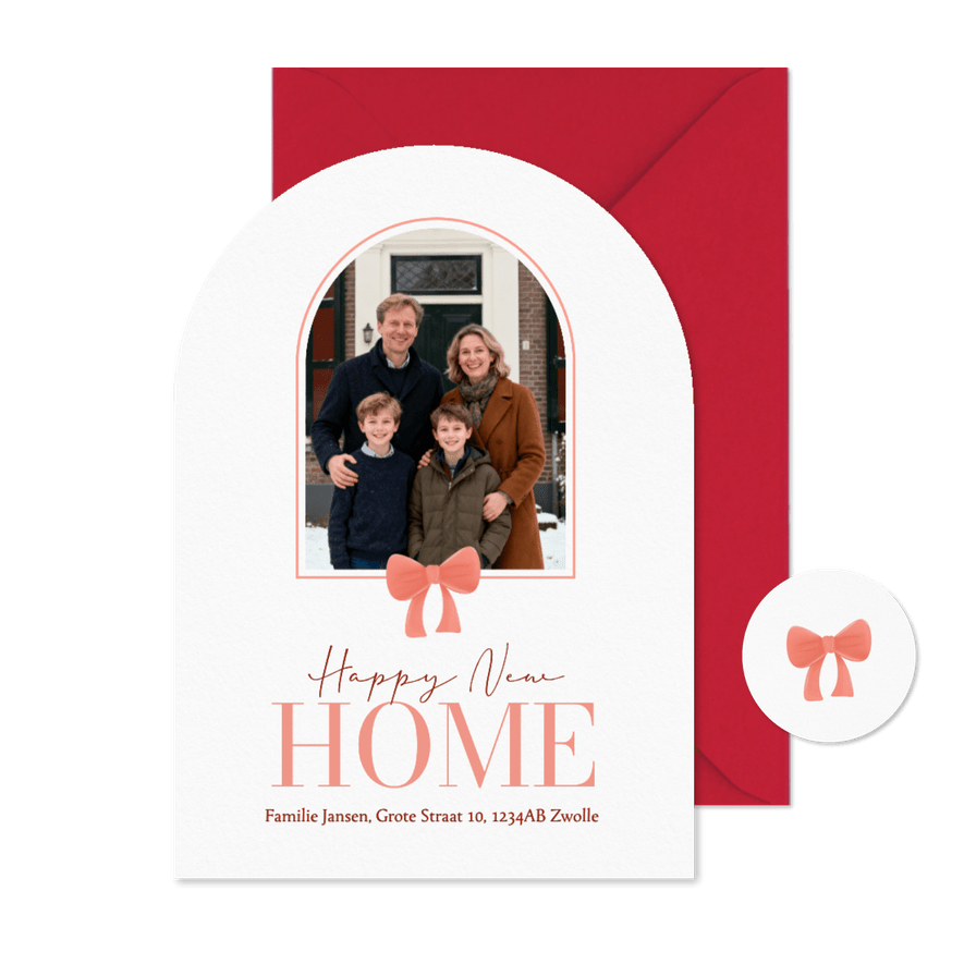 Verhuiskaartje in boog vorm kerst met rood strikje - Kaartimpressie