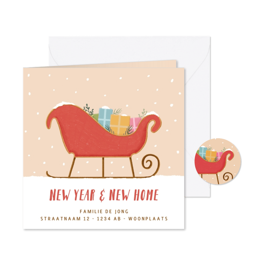 Verhuiskaartje kerst met arrenslee new year new home - Kaartimpressie
