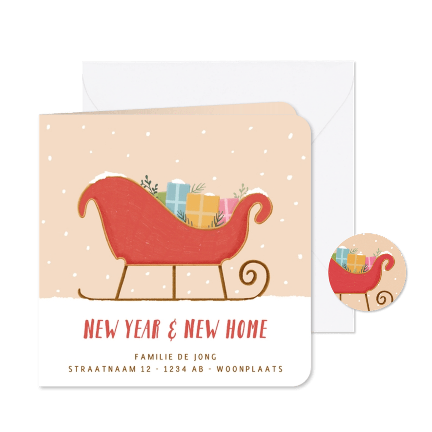 Verhuiskaartje kerst met arrenslee new year new home - Kaartimpressie