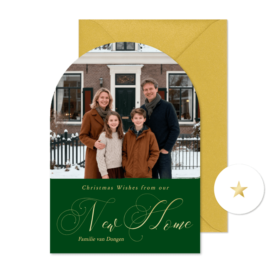 Verhuiskaartje kerst met foto new home boog groen - Kaartimpressie