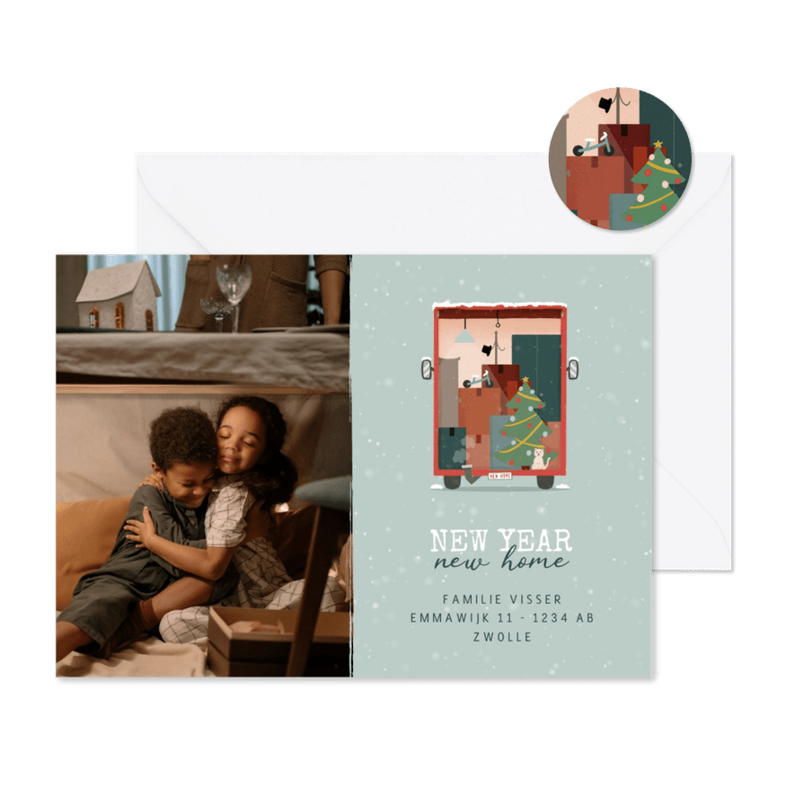 Verhuiskaartje kerst met verhuiswagen en foto - Kaartimpressie