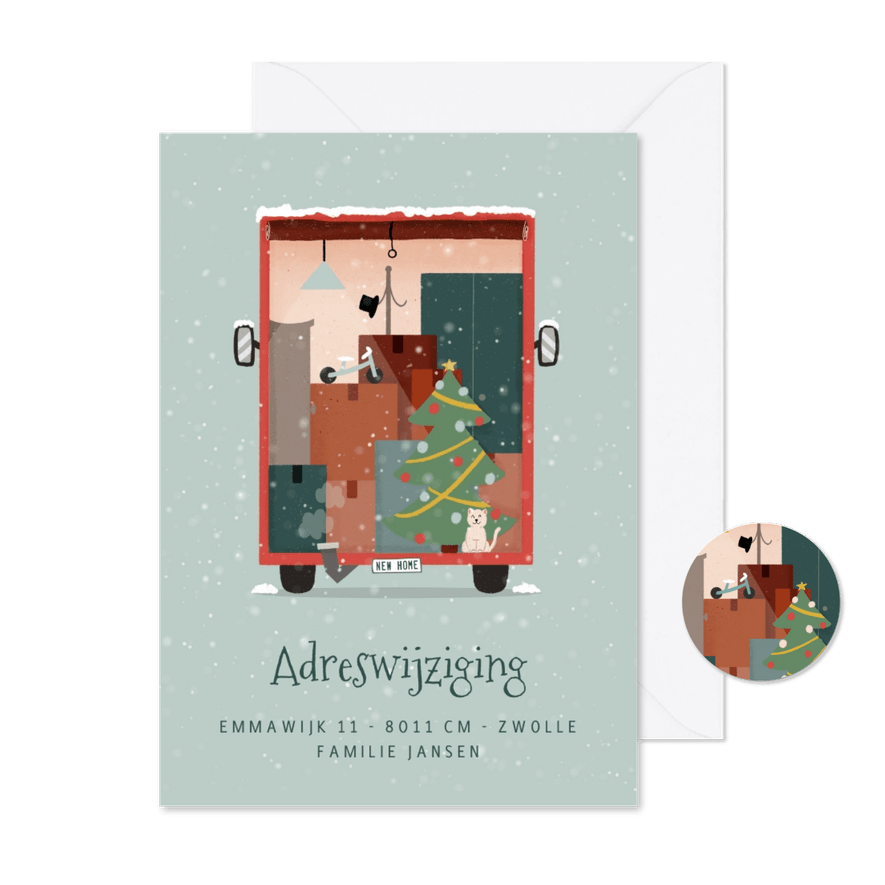 Verhuiskaartje kerst met verhuiswagen en sneeuw - Kaartimpressie
