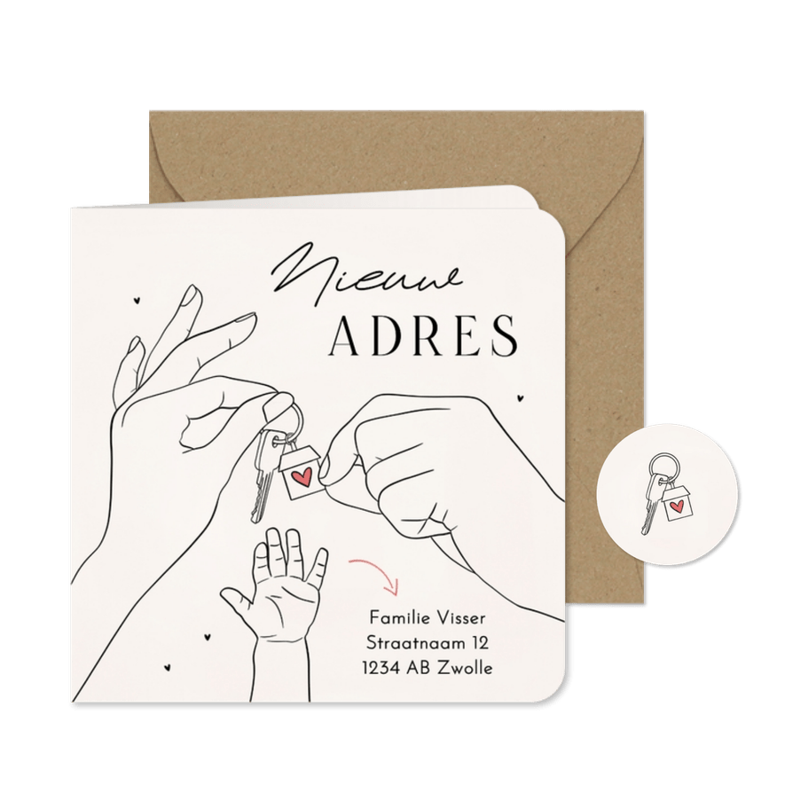 Verhuiskaartje lijntekening handen sleutels nieuw adres - Kaartimpressie