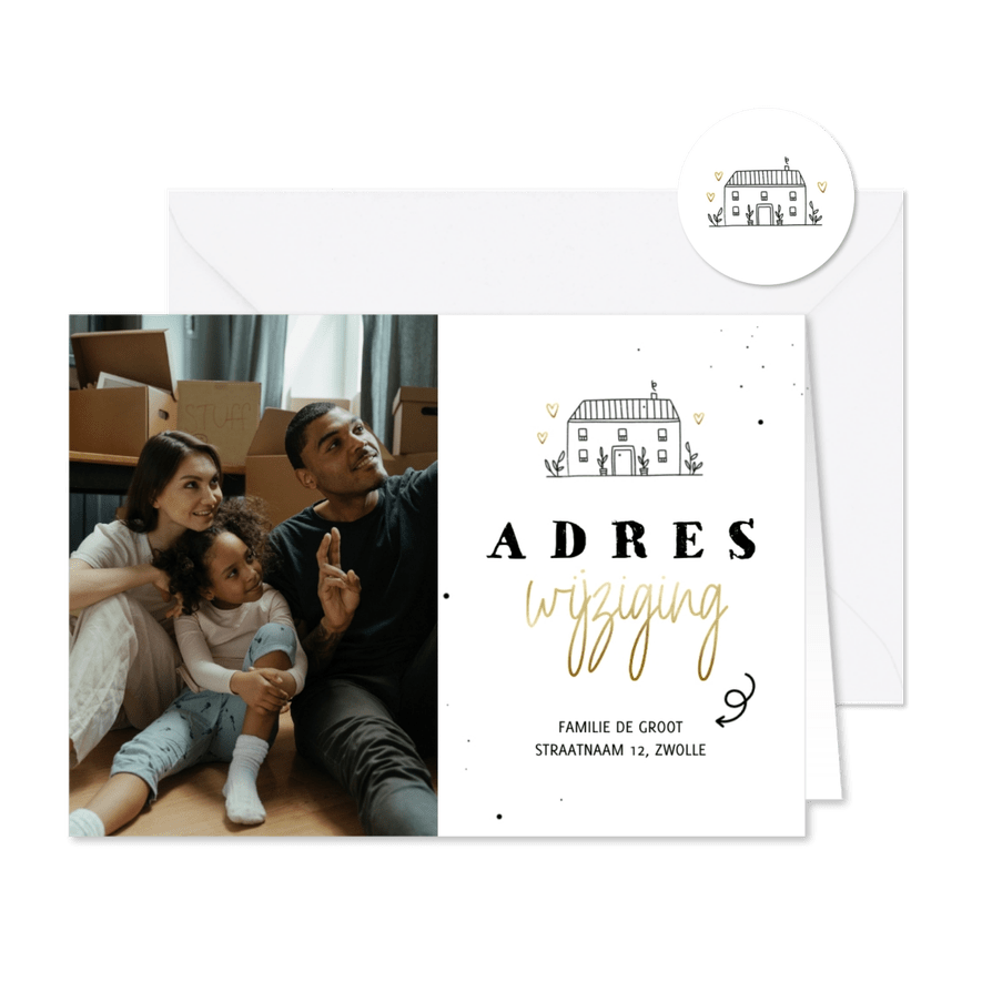 Verhuiskaartje met foto adreswijziging lijntekening huisje - Kaartimpressie