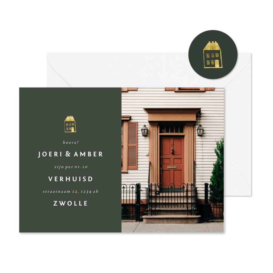 Verhuiskaartje met foto en gouden huisje - Kaartimpressie