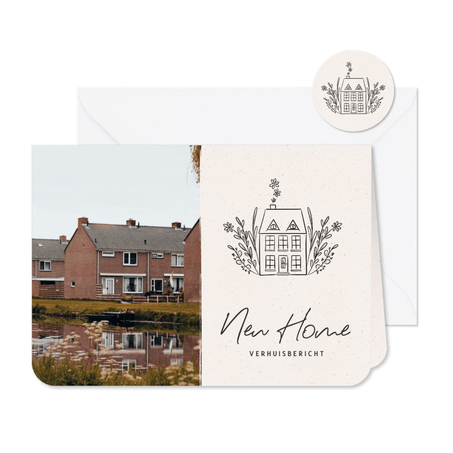 Verhuiskaartje met foto en illustratie huisje met bloemen - Kaartimpressie