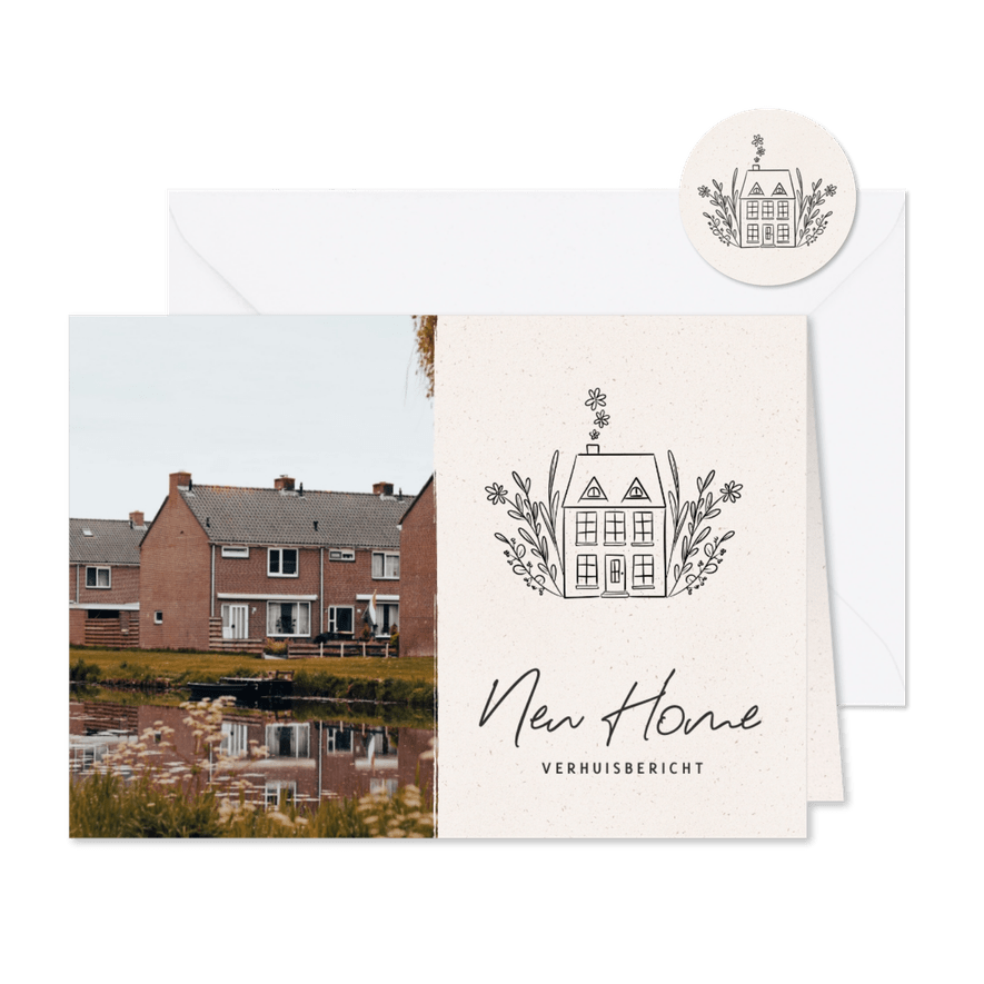 Verhuiskaartje met foto en illustratie huisje met bloemen - Kaartimpressie