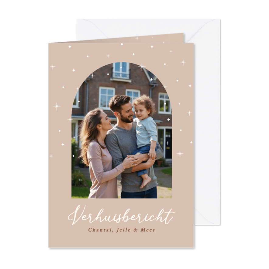 Verhuiskaartje met foto in boog beige met witte sterren - Kaartimpressie