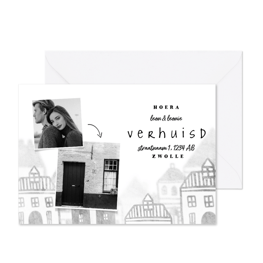 Verhuiskaartje met foto's en huisjes diepte - Kaartimpressie