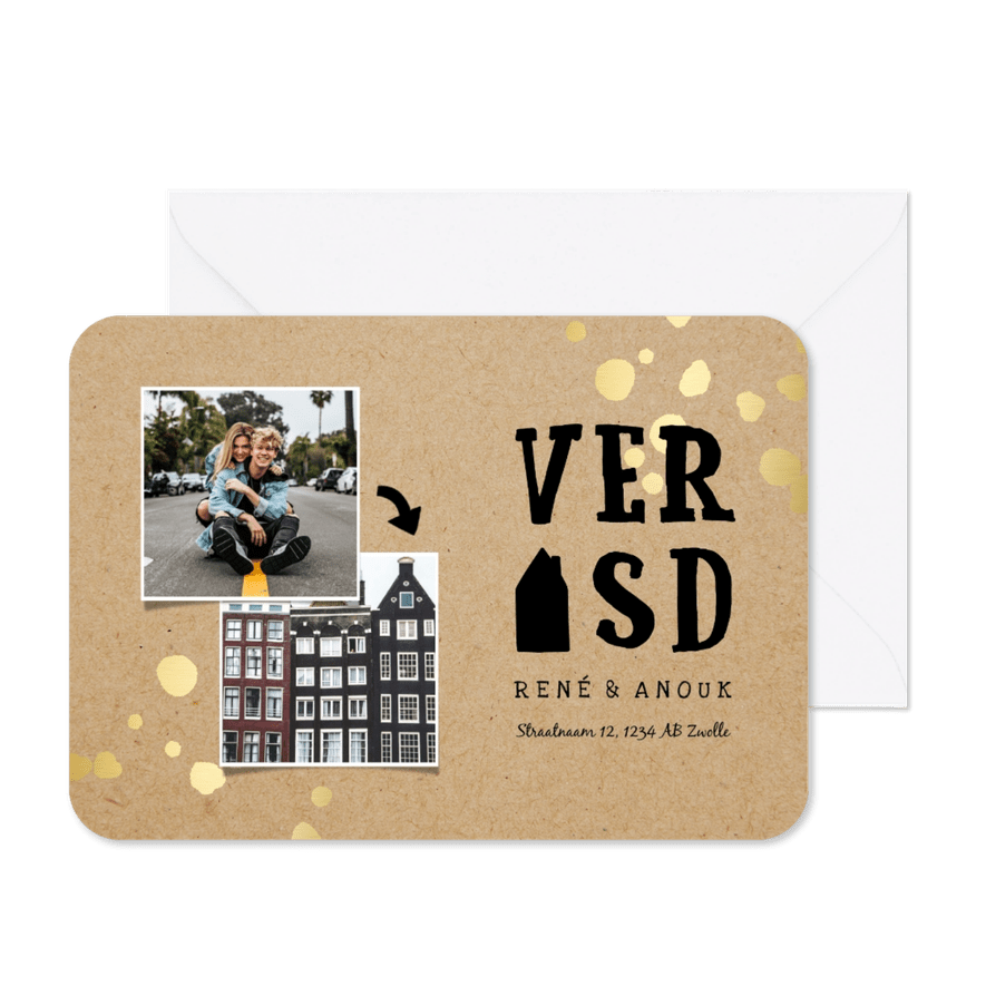 Verhuiskaartje met kraft achtergrond en gouden spetters - Kaartimpressie