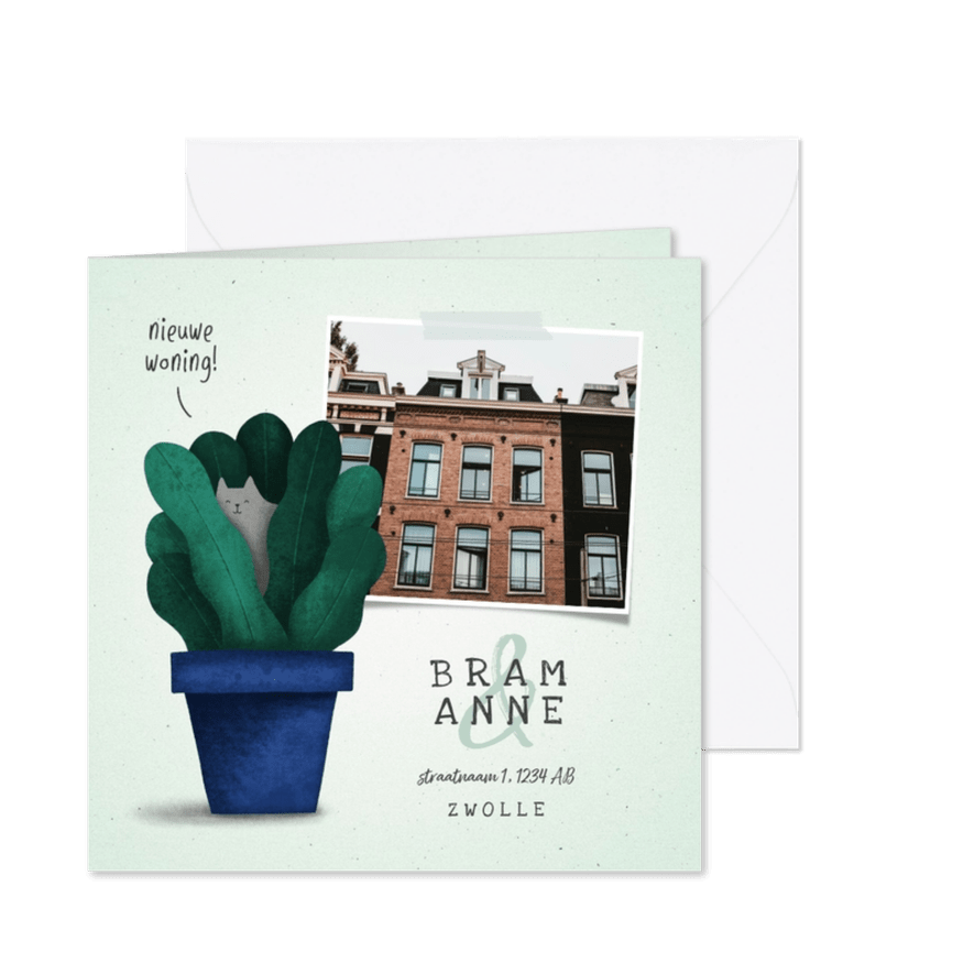 Verhuiskaartje 'nieuwe woning' met plant en kat  - Kaartimpressie