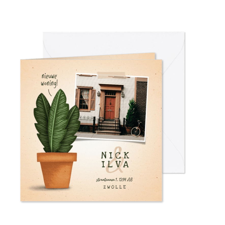 Verhuiskaartje 'nieuwe woning' met plant in pot - Kaartimpressie