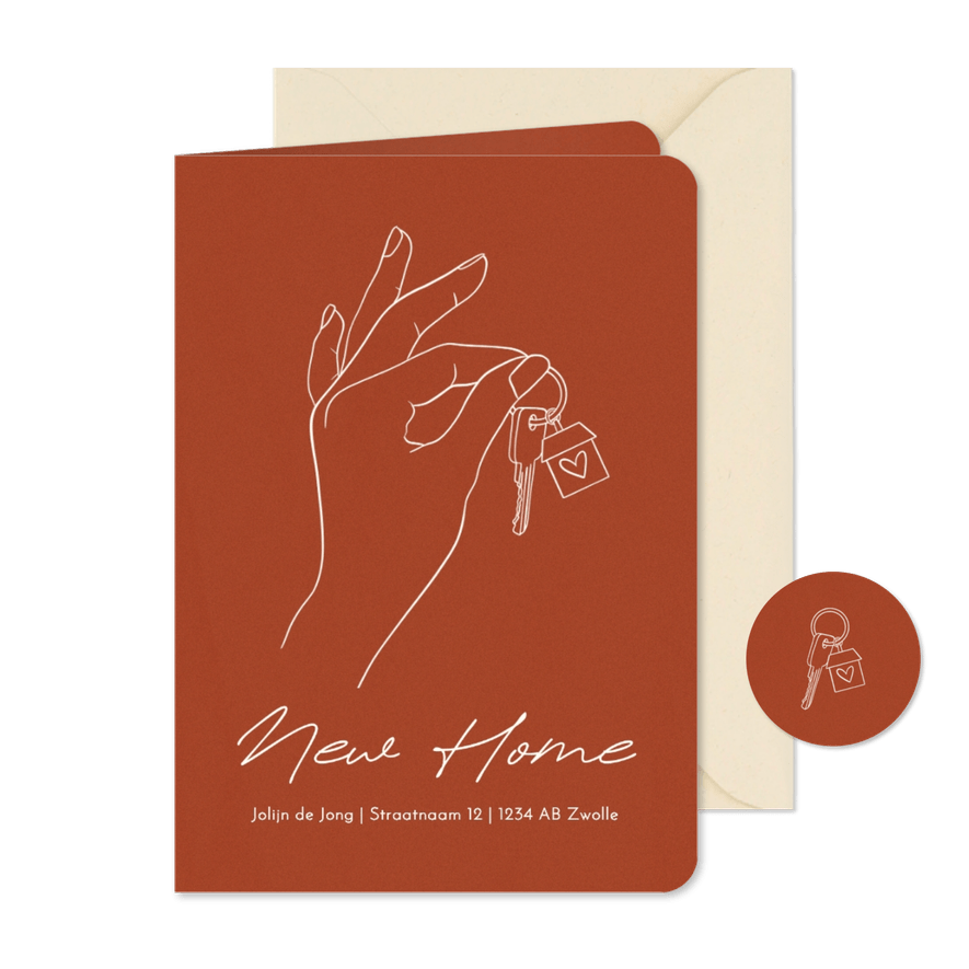 Verhuiskaartje roestbruin lijntekening hand sleutels - Kaartimpressie