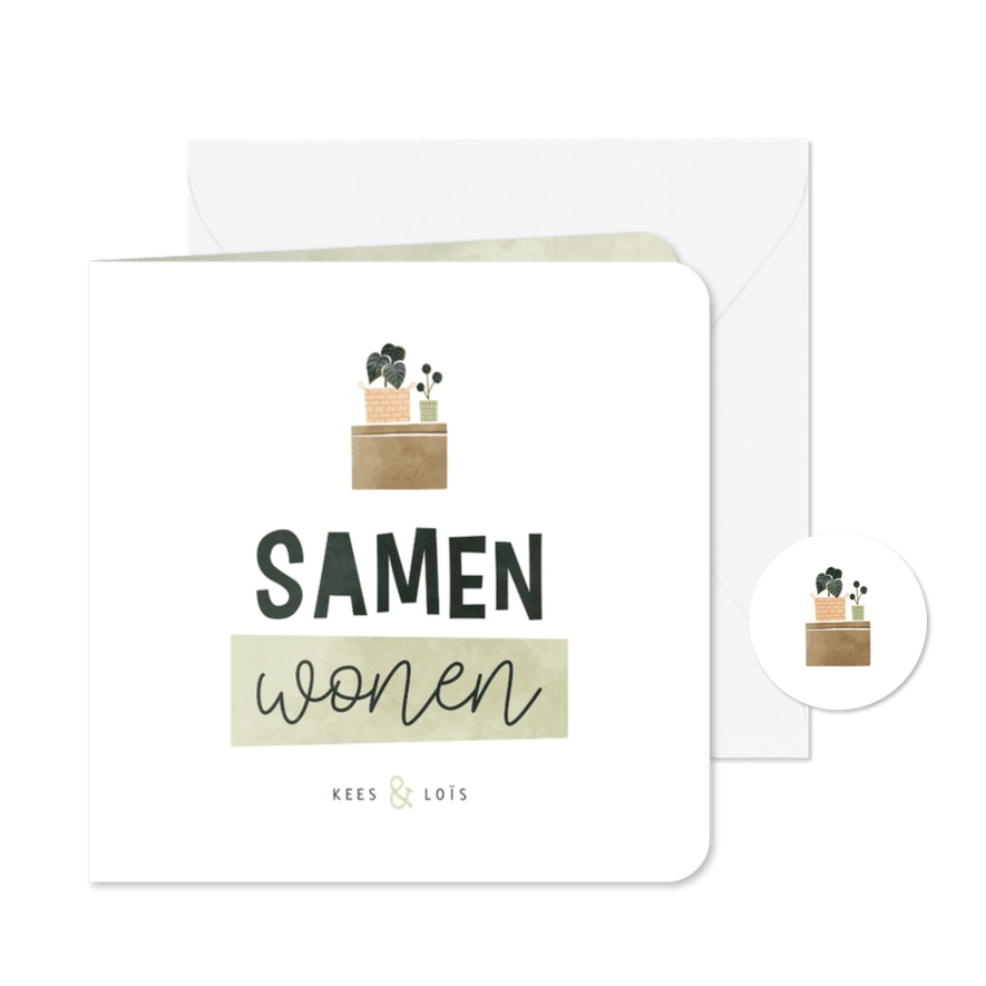 Verhuiskaartje samenwonen hip met verhuisdoos en plantjes - Kaartimpressie