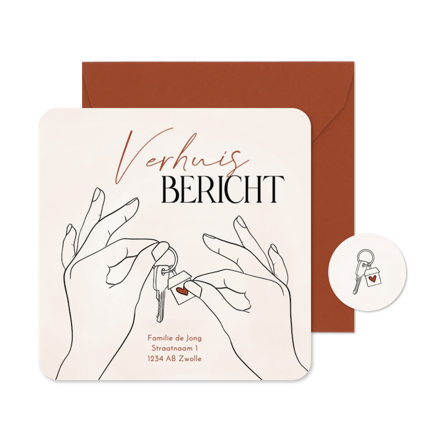 Verhuiskaartje verhuisbericht met handen en sleutels hartje - Kaartimpressie