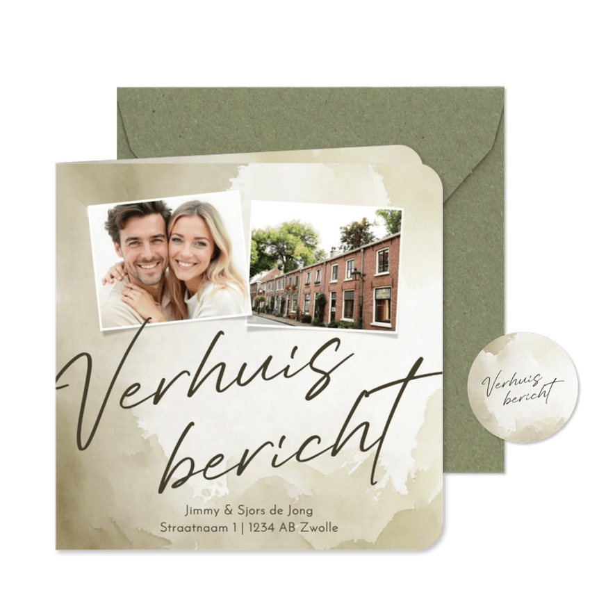 Verhuiskaartje waterverf groen twee foto's verhuisbericht - Kaartimpressie