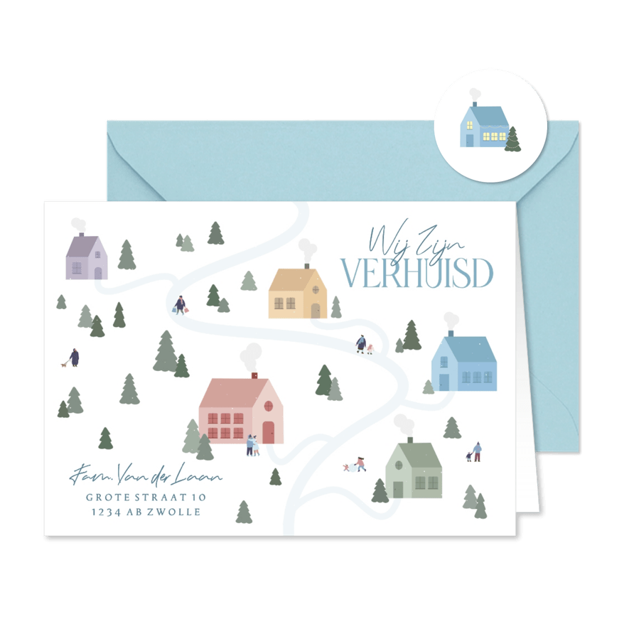 Verhuiskaartje winter met huisjes en dennenbomen - Kaartimpressie