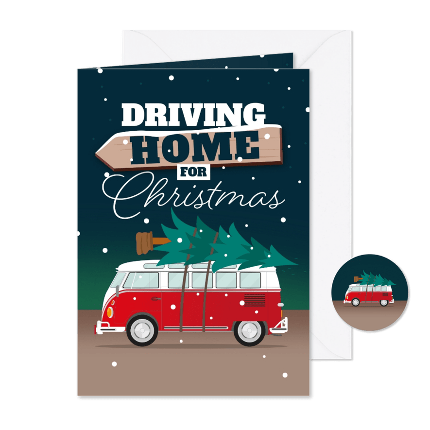 Verhuiskaartkerst kerstboom driving home for christmas busje - Kaartimpressie
