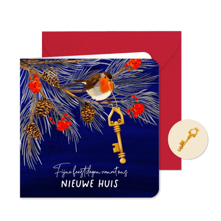 Verhuis(kerst)kaart roodborstje en gouden sleutel - Kaartimpressie
