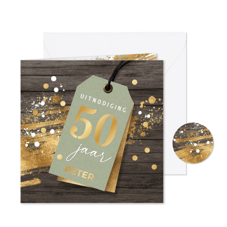 Verjaardag feest uitnodiging man label hout - Kaartimpressie