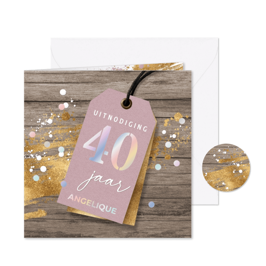 Verjaardag feest uitnodiging vrouw label hout - Kaartimpressie