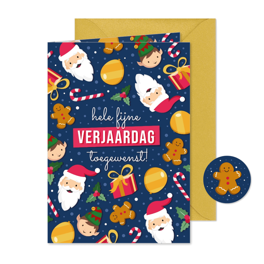 Verjaardag kerstkaart combi met vrolijke illustraties - Kaartimpressie