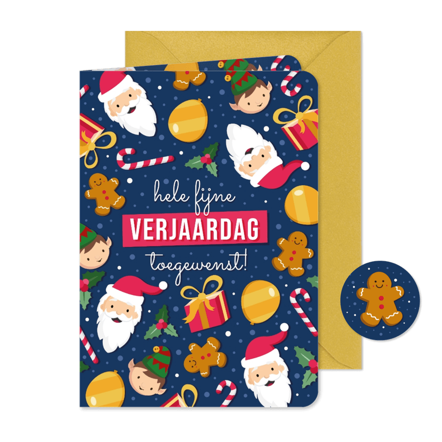 Verjaardag kerstkaart combi met vrolijke illustraties - Kaartimpressie