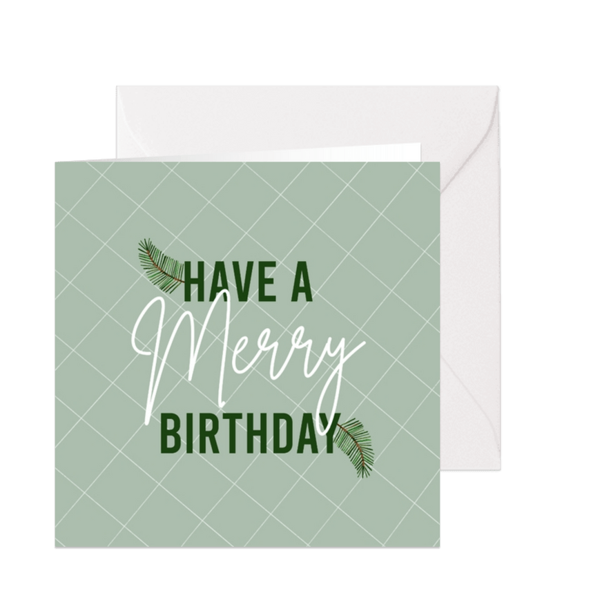 Verjaardag kerstkaart Merry Birthday met dennentakje groen - Kaartimpressie