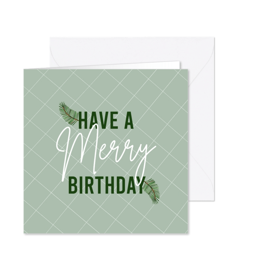 Verjaardag kerstkaart Merry Birthday met dennentakje groen - Kaartimpressie